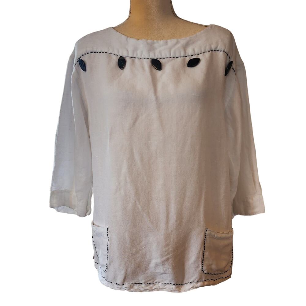 Norm Thompson Women's Linen Blend 3/4 Length Sleeve Button accents Large
